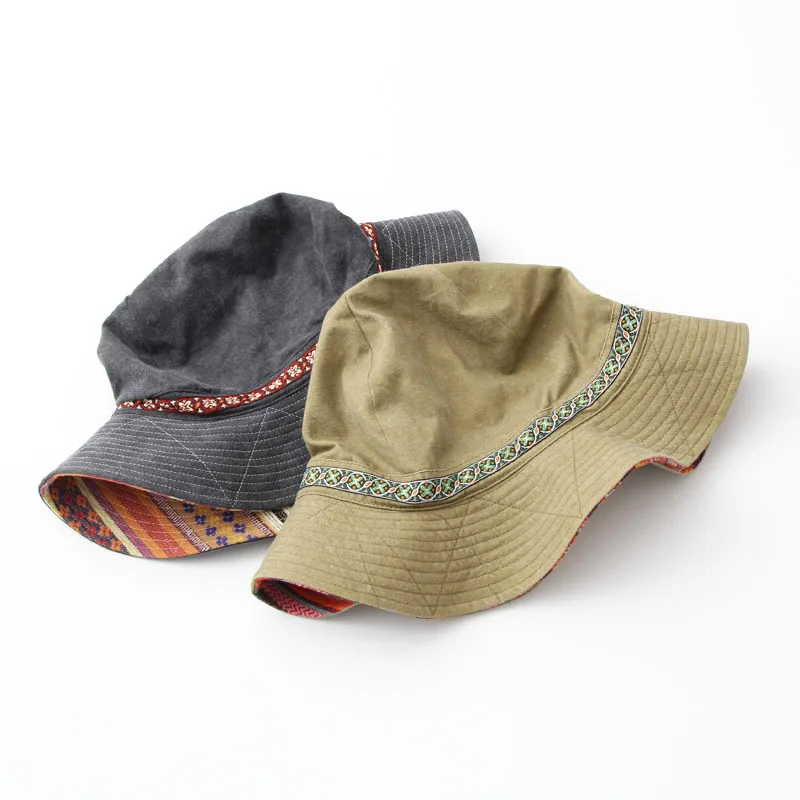 high quality custom embroidered ethnic style pattern washed brushed woven denim bucket hat