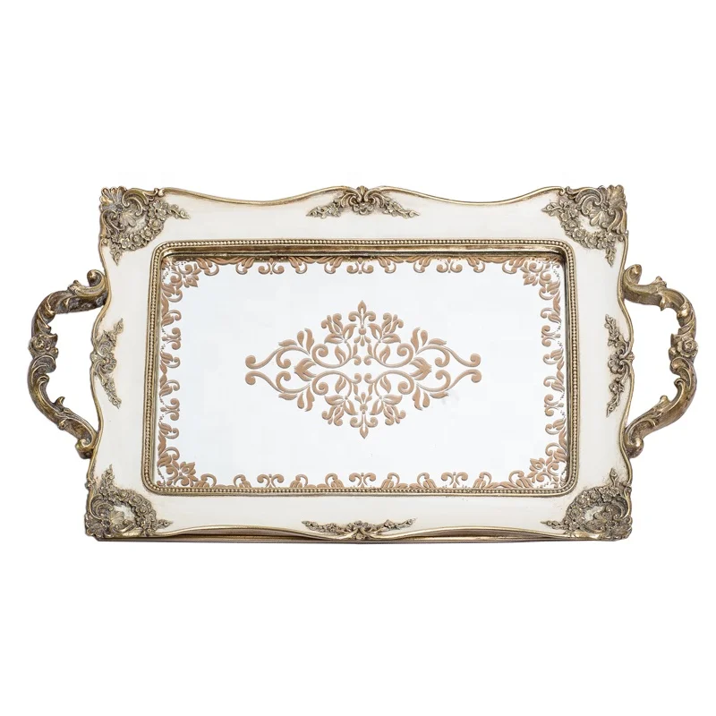 
decorative vanity service antique glass mirror square jewelry resin fruit tray for wedding home decor perfume cosmetic tray 
