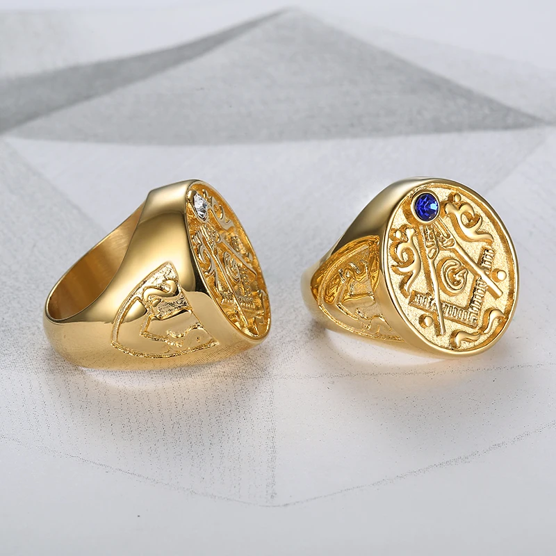 Punk 316L Stainless Steel Luxury Gold Color Masonic Clear Blue Zircon Finger Ring for Men Fashion Party Jewelry