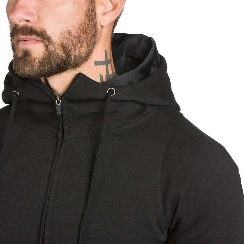Knee length mens zip up drop tail hoodie with zipper pocket