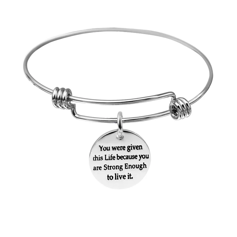 Womens Silver Stainless Steel message bracelet Engraved Message Motivational Inspirational Words Round Charm bracelet