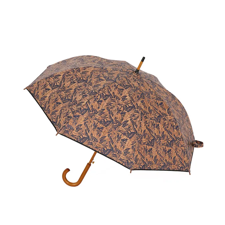 Оптовая продажа с китайской фабрики 23 дюйма диаметр 102 см Стекловолоконные ребра индивидуальный принт автоматическое открывание деревянная ручка J прямой пробковый зонт