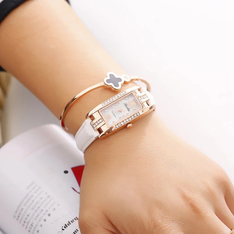 
Small Dial Watch for Women Rectangle Rhinestone Square Quartz Watch Leather Strap Ladies Dress Watches 