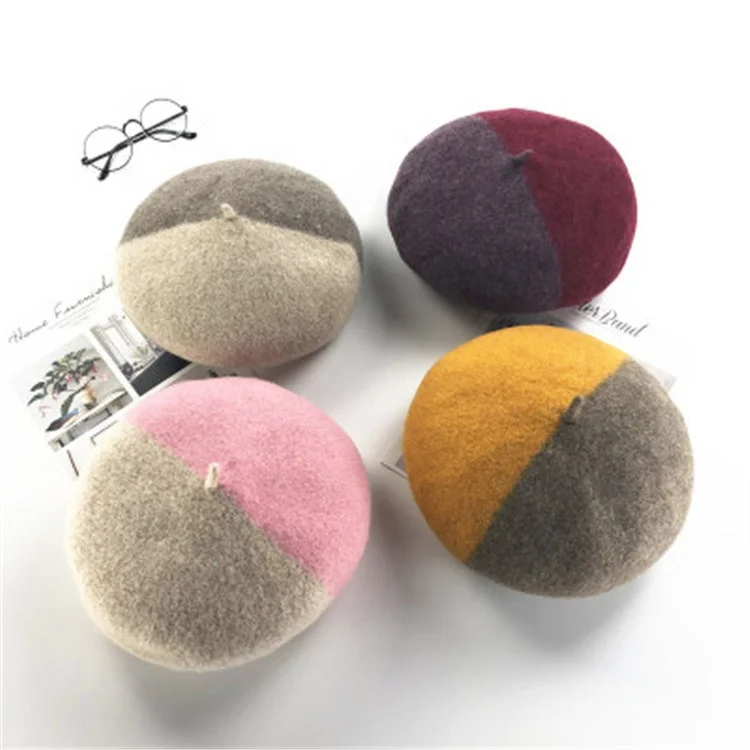 2019 Modern Stylish High Quality Winter Stitching Color Lady Wool Decorate Military Beret Painter Cap