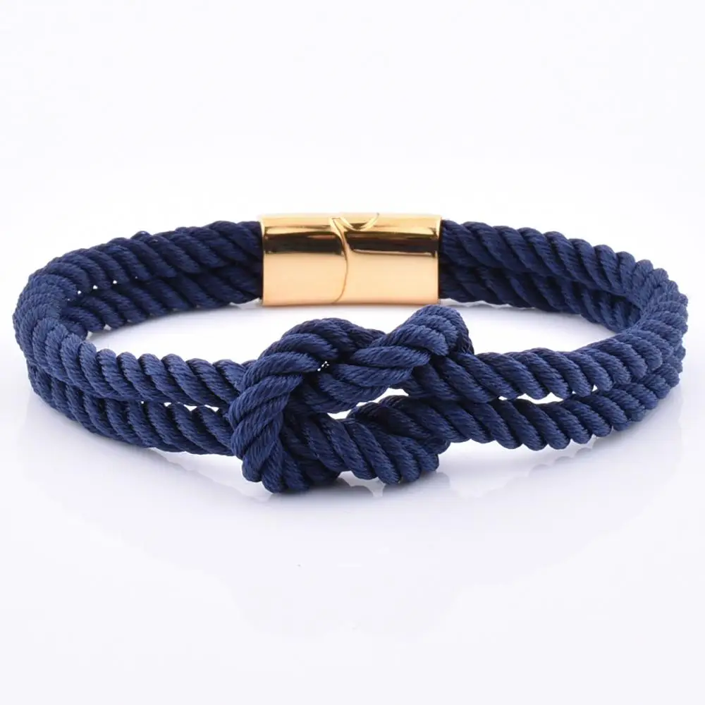 Factory Wholesale Knot Navy Blue Nylon Bracelet With 18K Gold Magnetic Clasp Engraved Logo Rope Bracelet