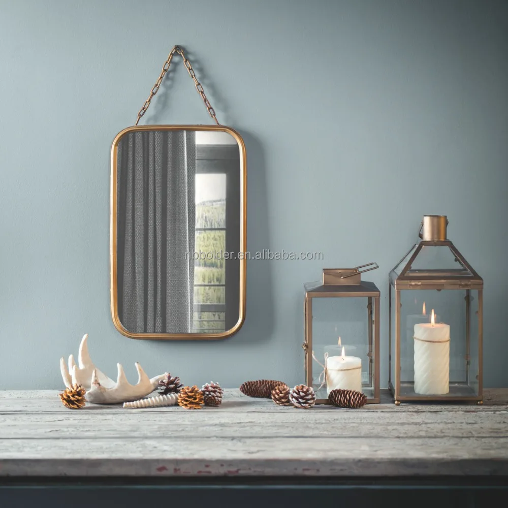 Wholesale bathroom living room wall hanging decorative rectangular gold metal frame dressing mirror with chain