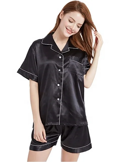 Womens Satin Silk Pajama Sets Short Sleeve Pyjama Sleepwear Homewear Night Wear Robe