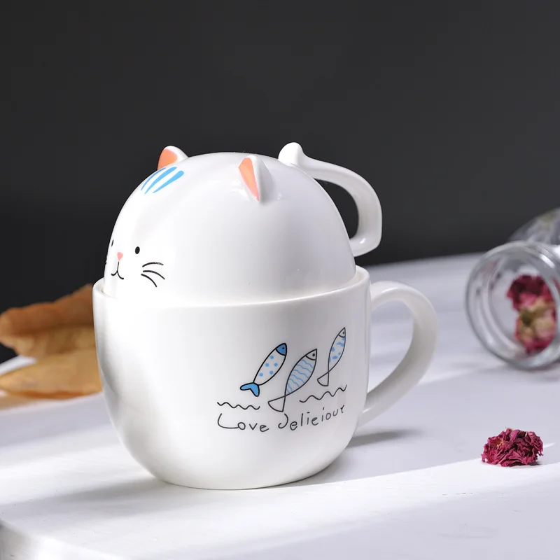 Creative Cartoon Ceramic Mug Porcelain Cup Cute Cat 3D Mugs Large Capacity Glass Milk Cup with Lid