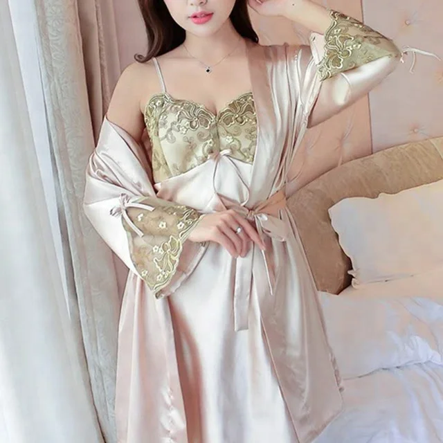 Wholesale Sexy Women Soft Silk Satin Robes Lace strap Skirts Pyjamas Sets With Gown Kimono Sleepwear