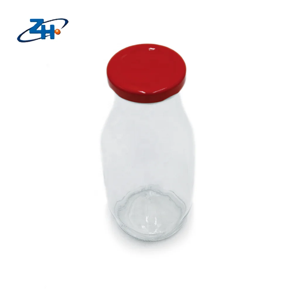 Hot Selling Clear Milk Glass Bottle with Red Cap Food Custom Tableware Wholesale Milk Tea Juice Beverage Glass Bottle CROWN Cap