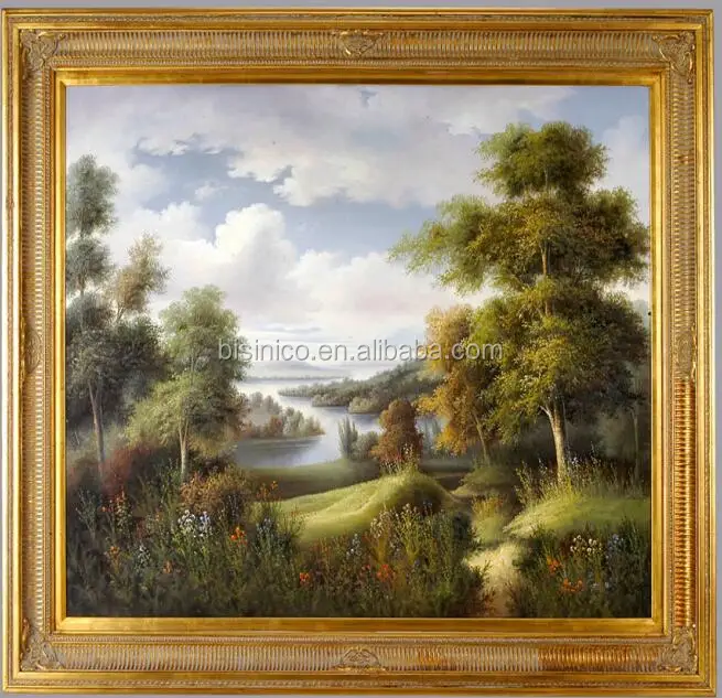 Classic Antique Golden Carved Square Framed Oil Painting, Landscape Handmade Oil Painting