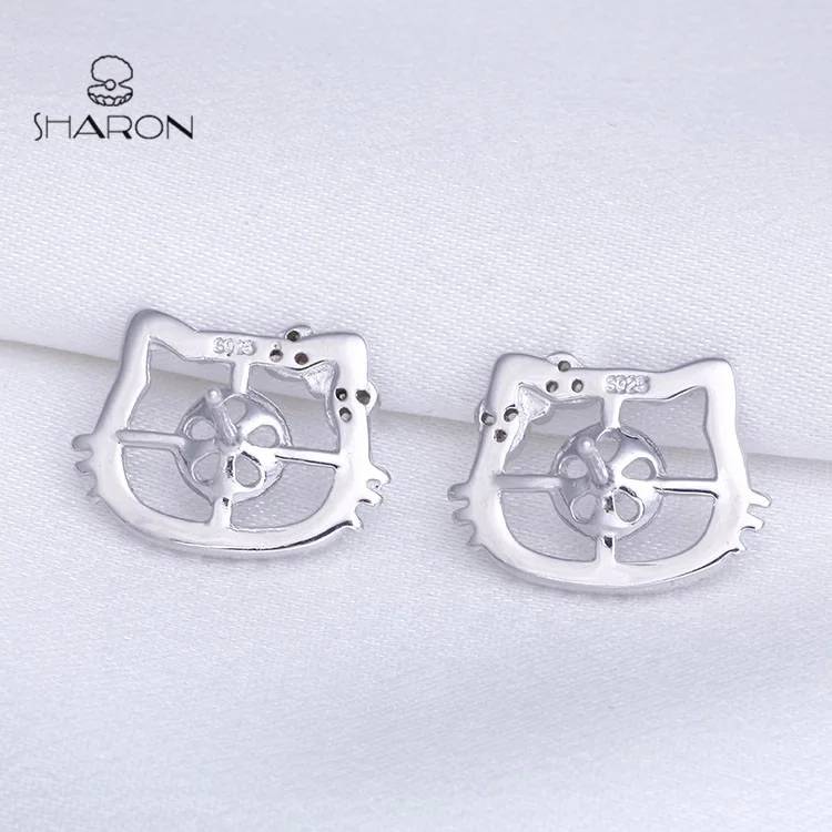 2020 Wholesale Latest Design Girl Jewelry Hello Kitty 925 Sterling Silver Cute Cat Pearl Stud Earrings