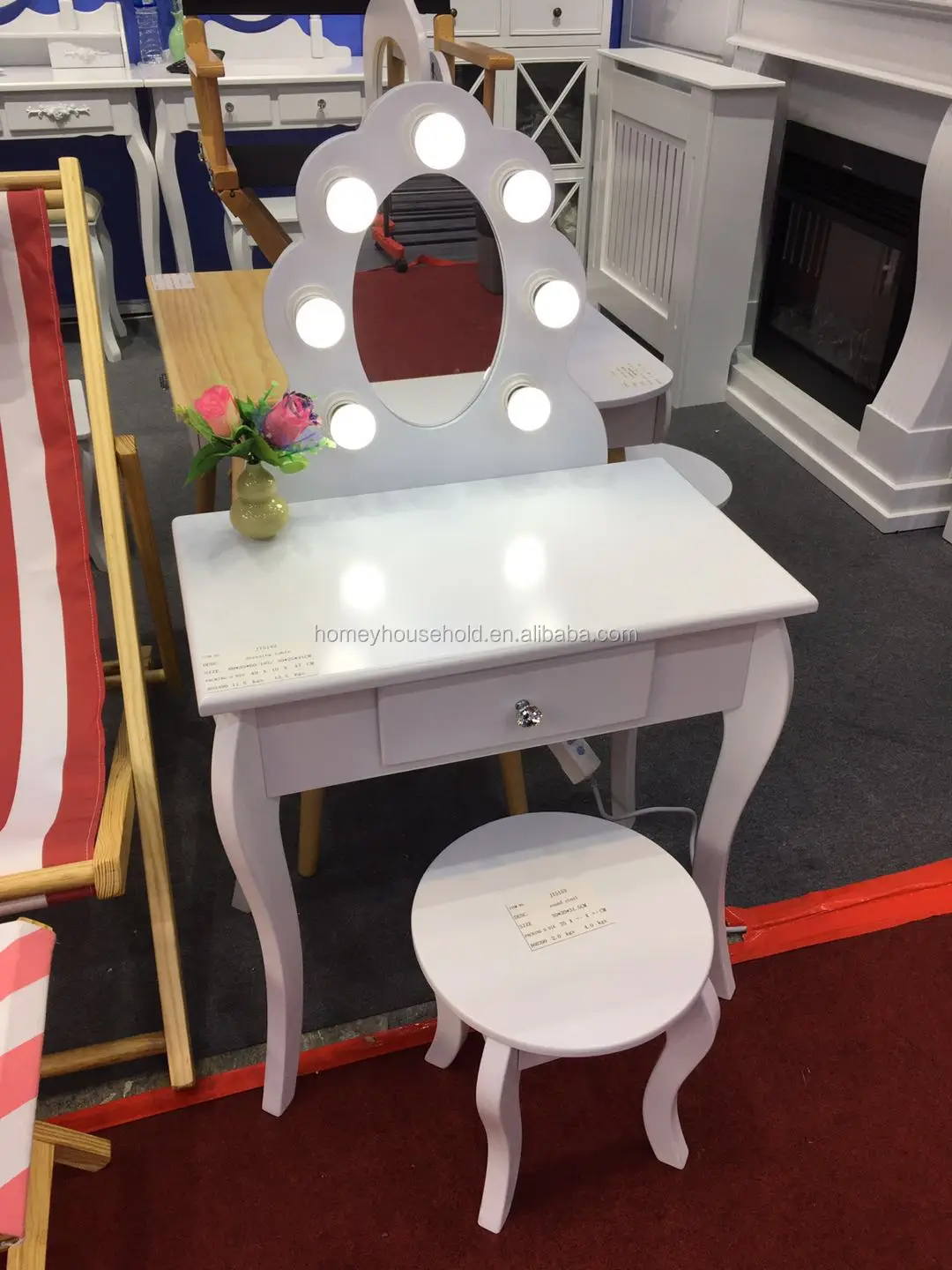 
Wooden Bedroom Furniture Makeup Vanity Desk LED Lighted Mirror Princess Dressing Table Set 