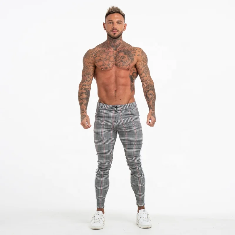 
2020 Super Comfy Stretchy White Side Stripe Check Pants Slim Fit Chinos Trousers Men 