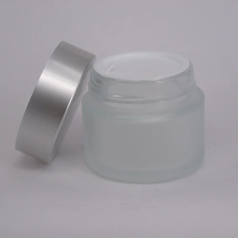 High quality hot selling products clear frosted glass cream jars 30ml/30g cosmetic packaging with matt silver lid