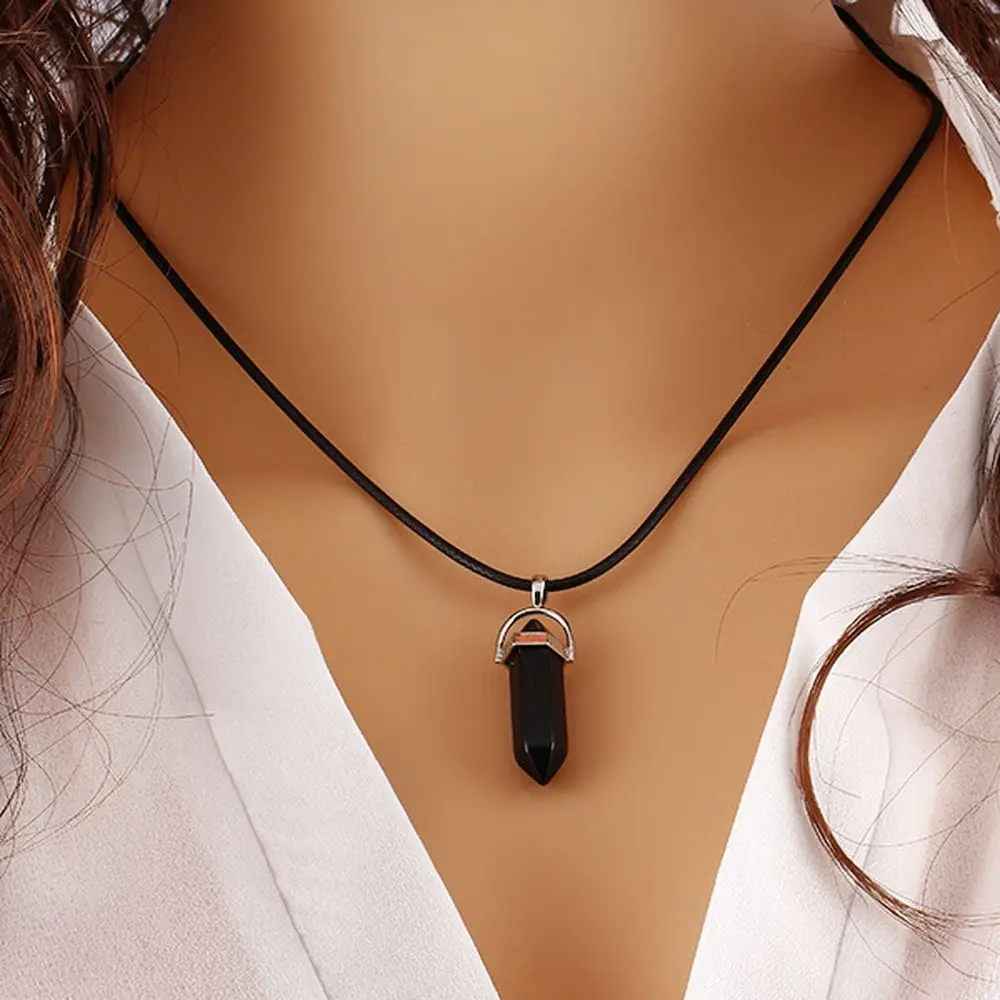 2021 Cheap Price Crystal Natural Stone Rose Quartz Black Rope Bullet Pendant Necklace