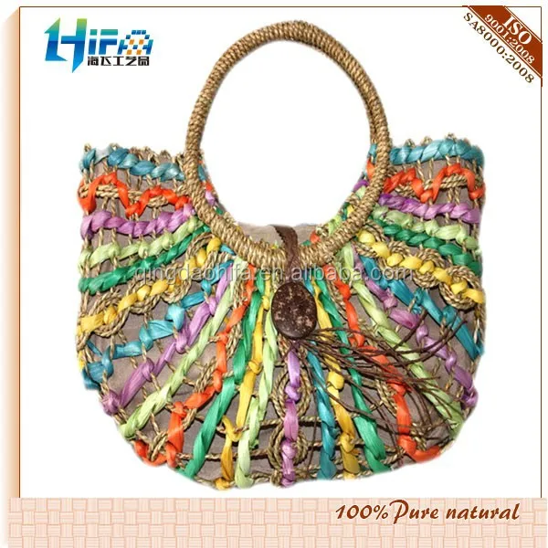 Handmade Paper Straw Bag Colorful Woven Bag With Round Handle