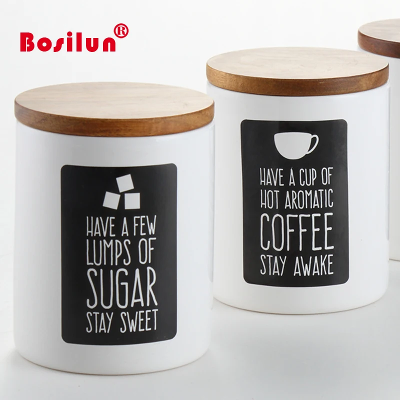 New arrival white ceramic coffee storage jars canisters with wood lid