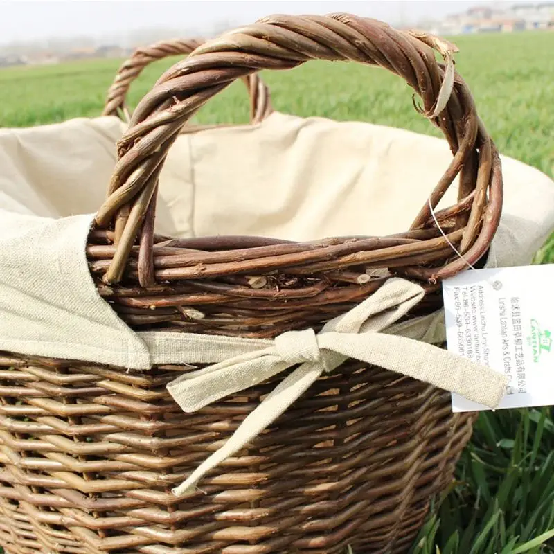 Wooden Garden Small Round Wicker Log Basket With Lining