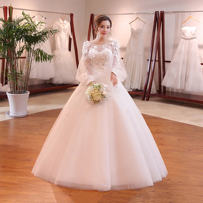 2018 Luxury Flower Ball Wedding Dresses Royal Bridal Gowns Lace Up Back Long Sleeves Wedding Dress