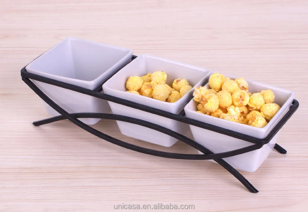 Hot Selling Snack Food Ceramic Dish Tableware White Ceramic Snack Bowls  With Metal Stand
