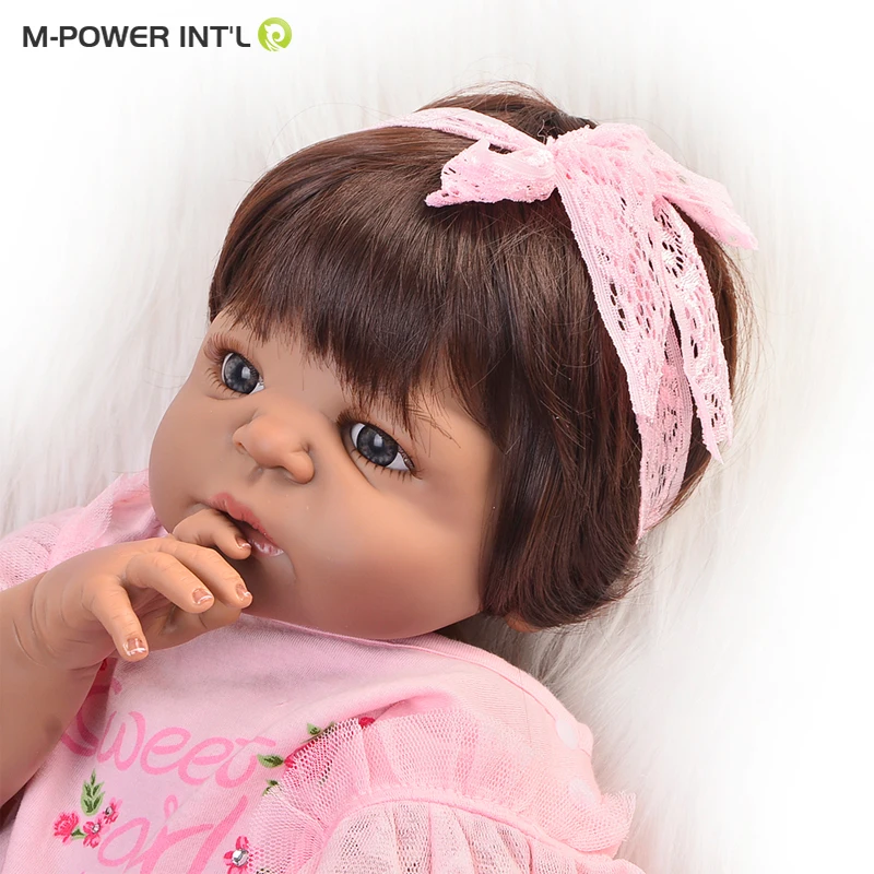 Realistic Indian Baby Doll 22' Girl Black Skin Reborn Baby Doll Toy Full Silicone Body Handmade Ethnic Dolls For kids Xmas Gift