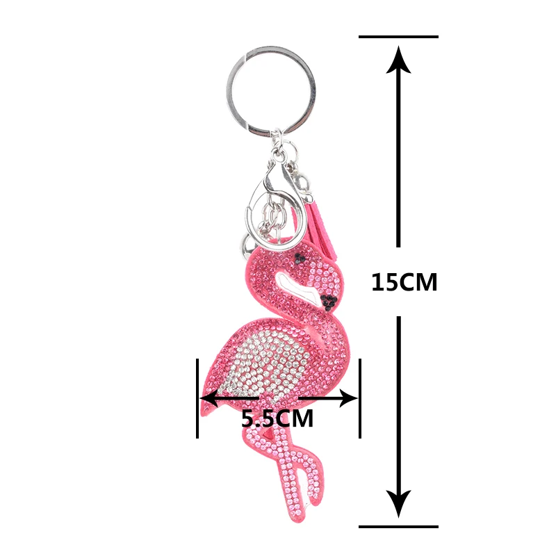LOCACRYSTAL Brand Rhinestone Flamingo Shaped Leather Keychain with Tassel