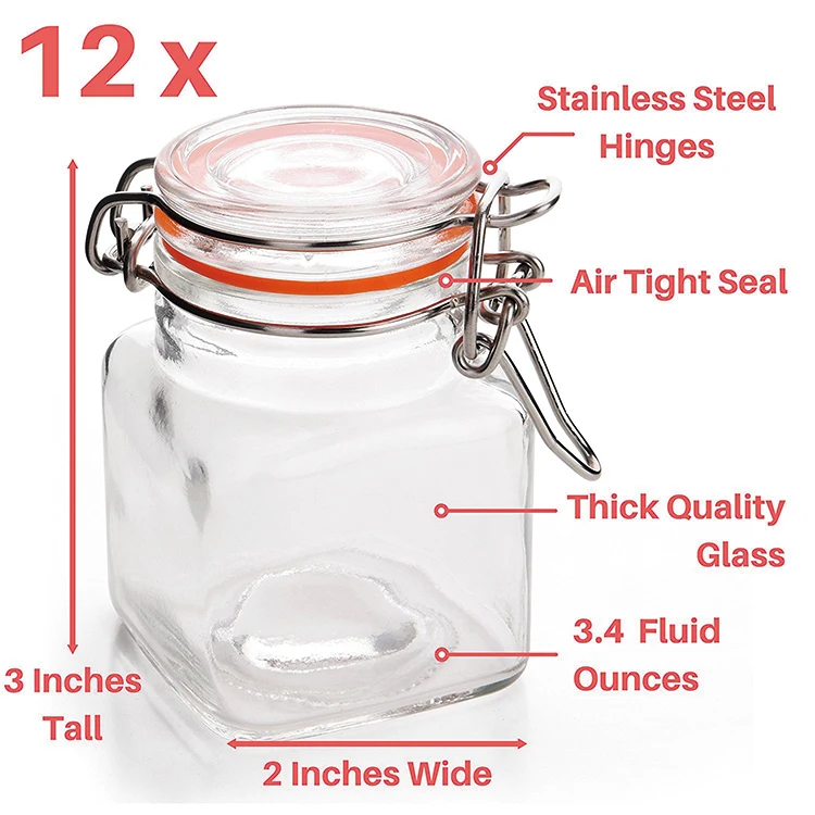 100ml Glass Spice Jars with Spice Labels and Chalkboard Pen Whole Set 12 Square Glass Jars 3.4 Ounce with Airtight Flip Top Cap