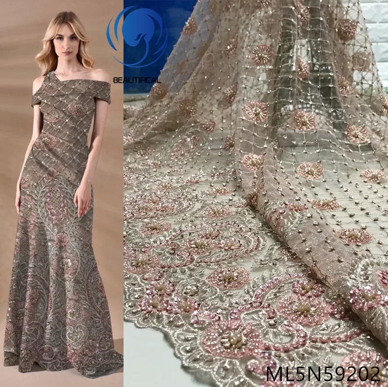 Beautifical embroidery high quality party lace beads tulle luxury wedding fabric ML5N592