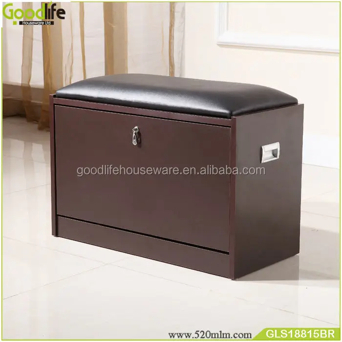 Traditional wooden seat with leather cushion  folding shoe stool