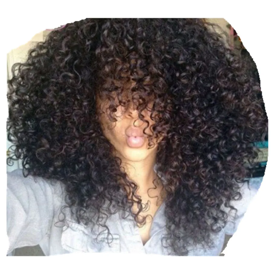 Brazilian unprocessed virgin hair full afro kinky curly Front lace wig with bang 100 human hair wig for African american