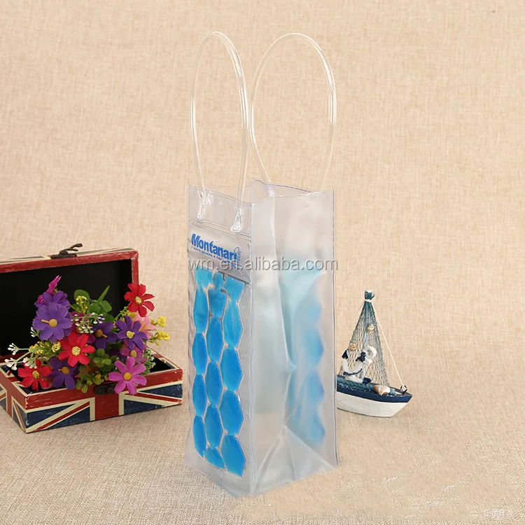 PVC wine cooler ice bottle liquid bag with pvc piping handle custom logo cooling gel holder carrier