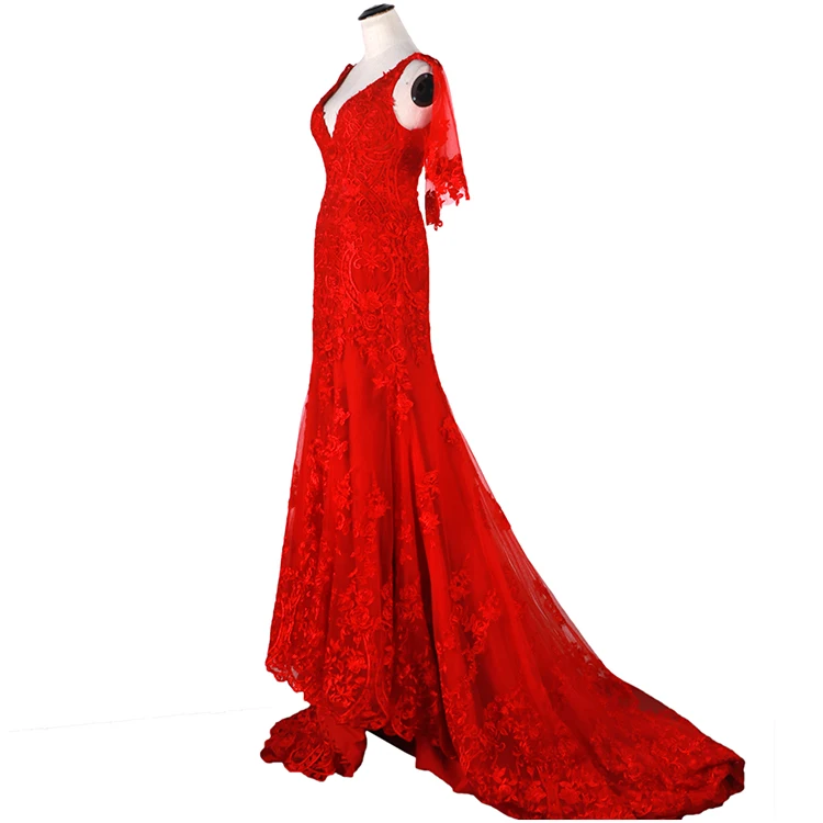 
2019 Short sleeve Palace wedding dress Elegant temperament Cotta Tail lace Bridesmaid Dresses red v-neck Bride robe evening wear 