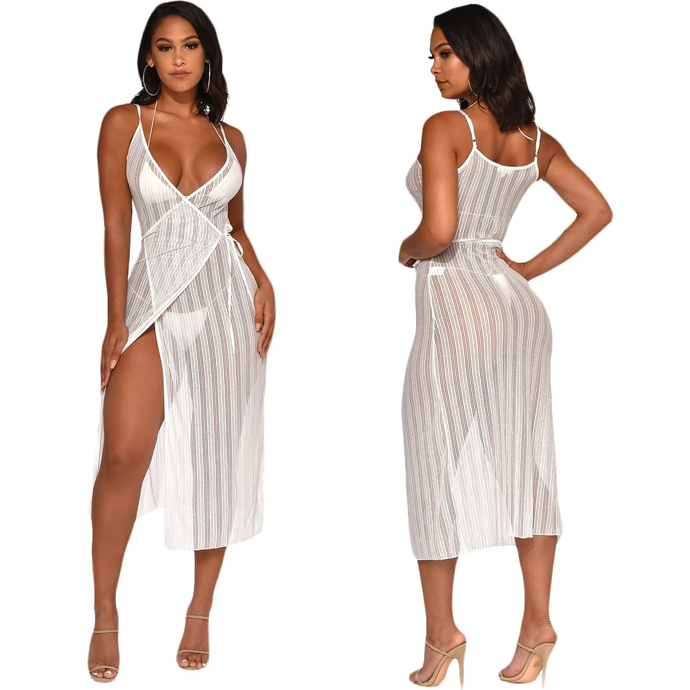 White Sexy Transparent Dress Women V neck Sleeveless Dress Lace Up Midi Dress