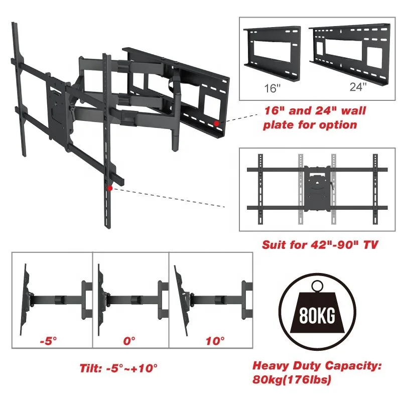 Support 42-90 Inch TV Mount LCD TV Wall Mount Sliding TV Mount With 24inch Wall Plate