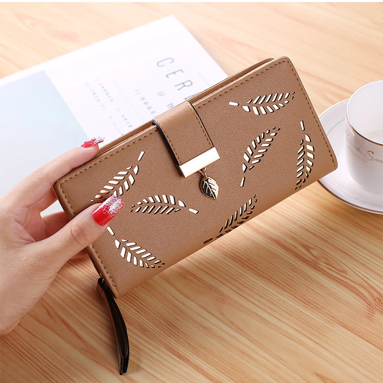 
2020 popular drop shipping hollow out leaf pattern long black clutch cell phone purse leather wallets for women fashionable 