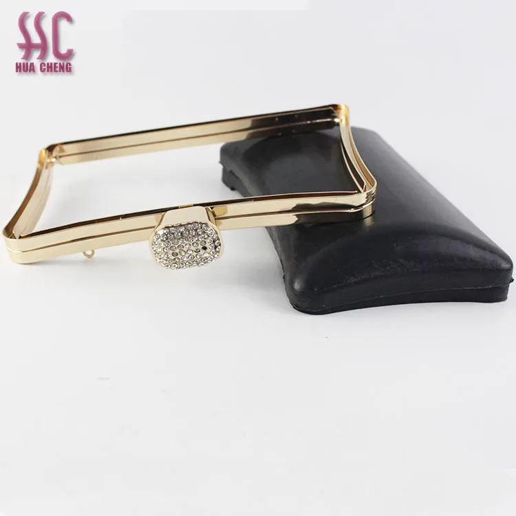 Fashion shiny gold color with diamond clasp decoration lady handbag clutch metal purse frame