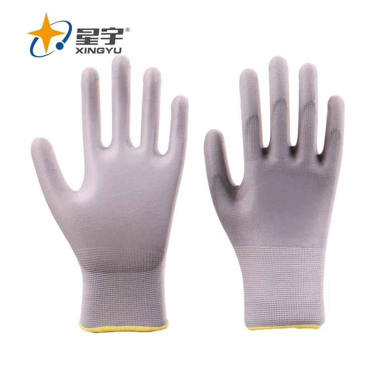 Working Gloves Xingyu 13G Grey Nylon Shell PU Coated Work Safety Gloves Cotton Hand Gloves