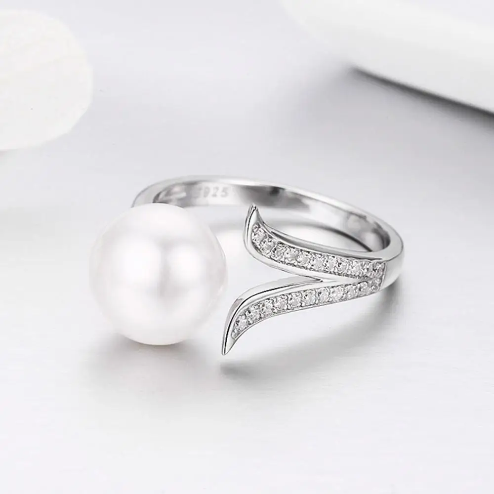 
BAGREER SCR248 New Fashion Designs Big Bead Pearl Opening Ring Pure Silver 925 CZ Stone Simple Adjustable Ring Women 