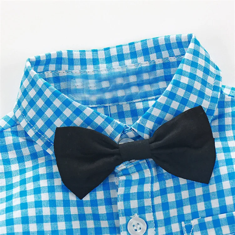 
hot sell fall boy fashion suit long sleeve grid shirt + overalls 2pcs baby boys clothing set 