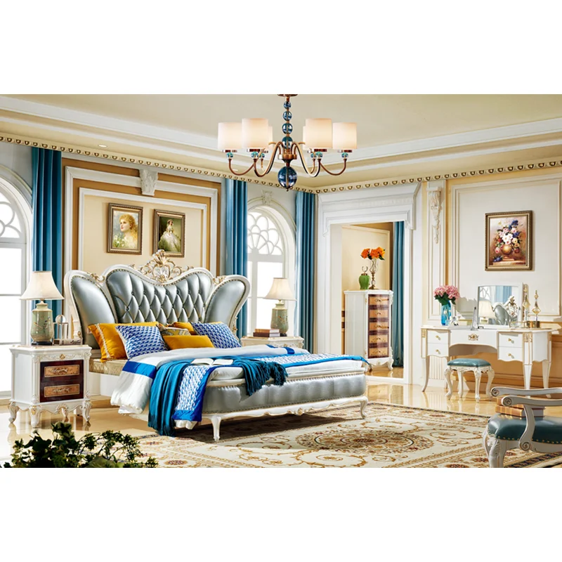 China golden supplier antique retro style bed solid wood leather bedroom sets