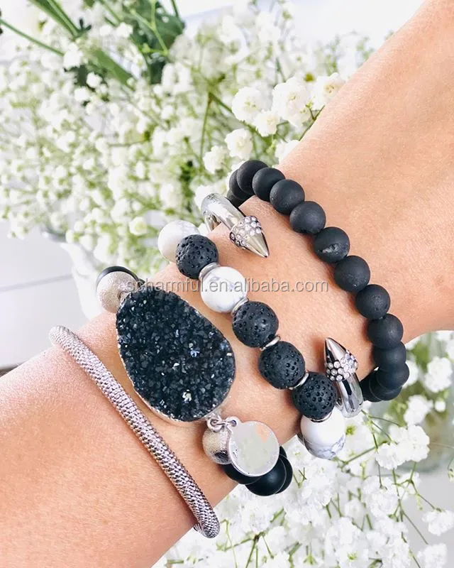 BS197024 Chic Round Gold Metal Spacer Beads Bracelet Large Turquoise Stone Bead Stretch Stack Bracelet