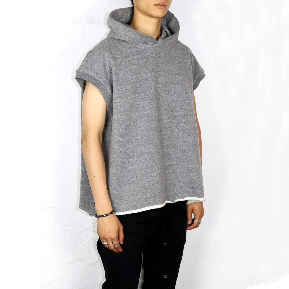 Hot selling grey custom men sleeveless oversized boyfriend muscle hoodies tops blank pullover hoodie
