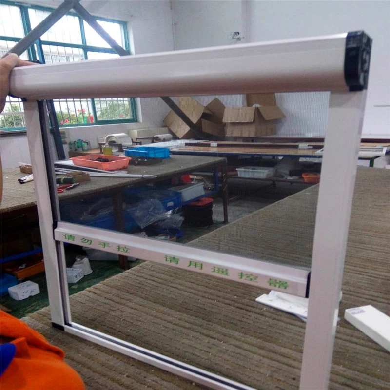 Motorized roll up fiberglass mosquito fly screen window and door