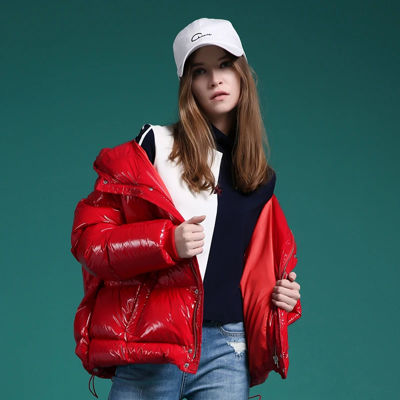 Wholesale Winter Jacket Women Fashionable Shiny Bubble Coat Short Sleeves Hooded Collar Waterproof Featuring Decorative Pocket