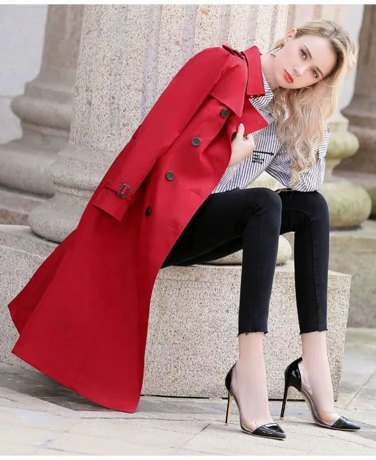 2021 Женский Тренч, длинный стиль, выше колена, 2021, популярная женская одежда, британский стиль, красный Тренч