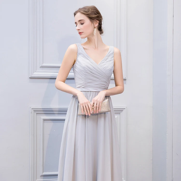 Красивое простое серебристое платье подружки невесты длиной до пола 2019