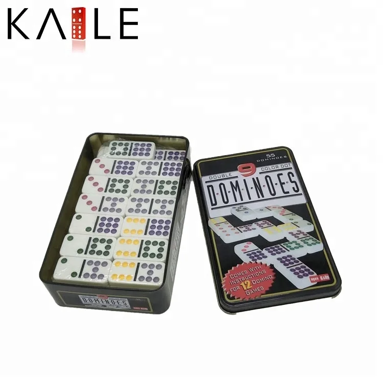 Wholesale Custom Double 9 Plastic Dominoes with Tin Box 55pcs White Domino Colored Dot Paint for Table Games