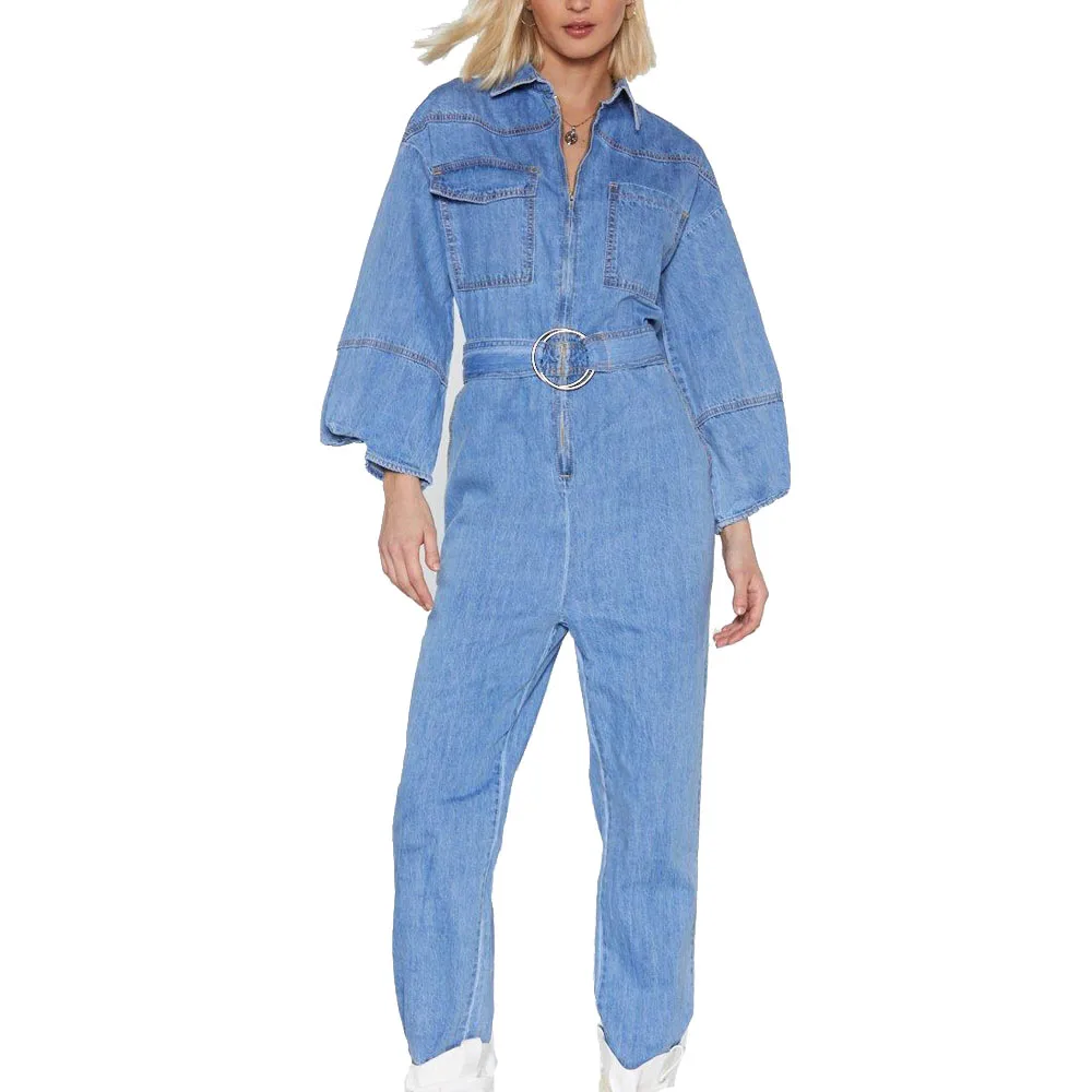 2019 Hot sale  long sleeve blue Rompers for women  tie belted casual loose washed denim jumpsuits