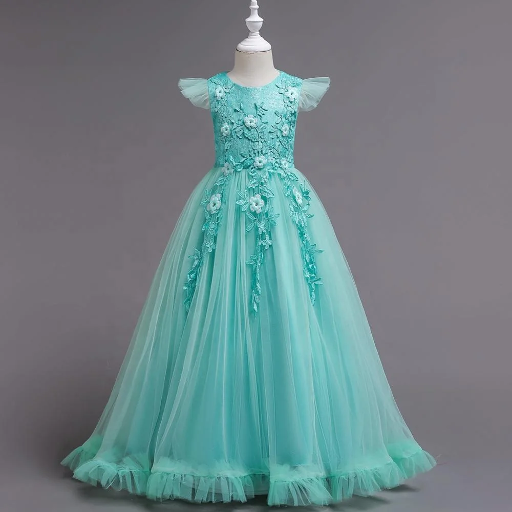 High quality web shopping long design floor length embroidery beautiful cheap flower girl dress